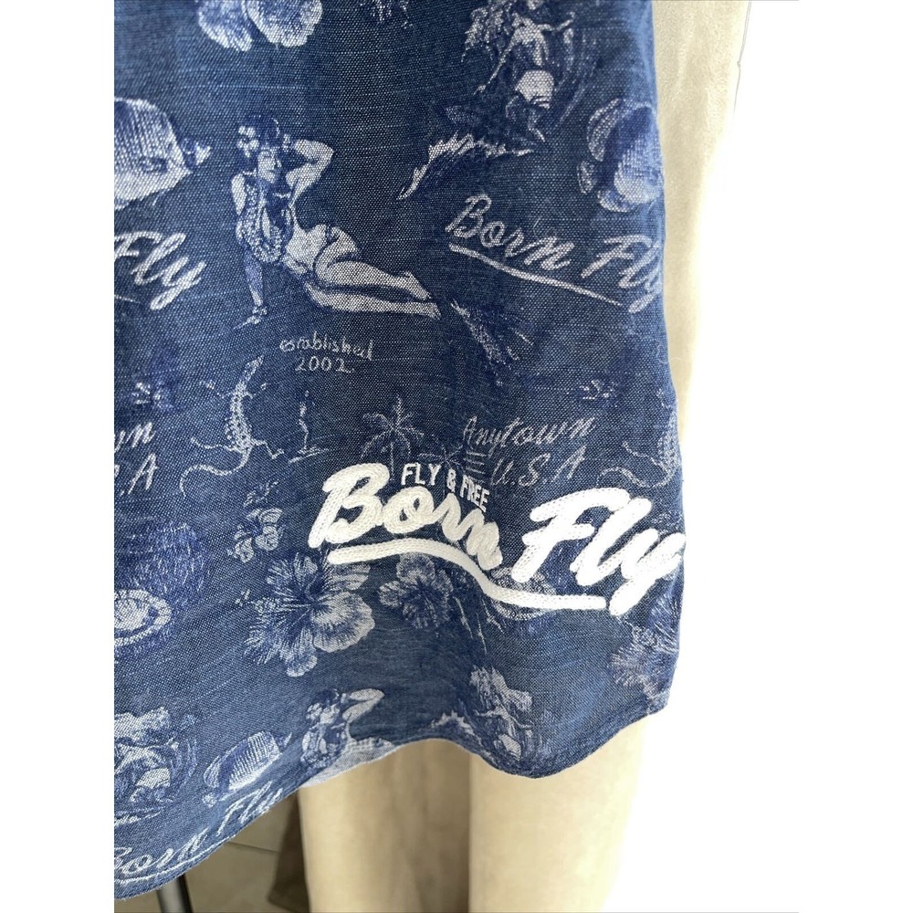 Born Fly Hawaii Pinup Print Blue Shirt Button Up Embroidered XL - Picture 4 of 8